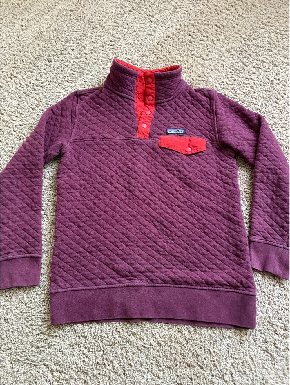 Women Patagonia Organic Cotton Quilt Snap-T Pullover maroon XS diamond quilting